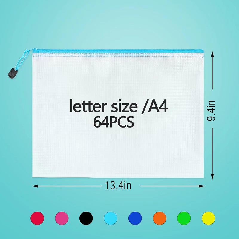 UMETDO 64pcs A4 Mesh Zipper Pouch Bags, Mesh Bags with Zipper Bulk, Pouches for Organization, Clear Storage Bags for Classroom, Travel, Office, Board Game - Image 2
